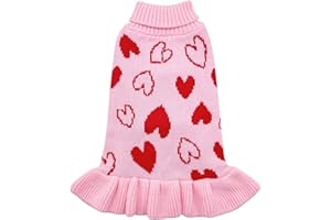 cyeollo Small Dog Sweater Dress Valentines Day Dog Clothes Pullover Turtleneck with Leash Hole Heart Pattern Holiday Theme Female Pet Apparel