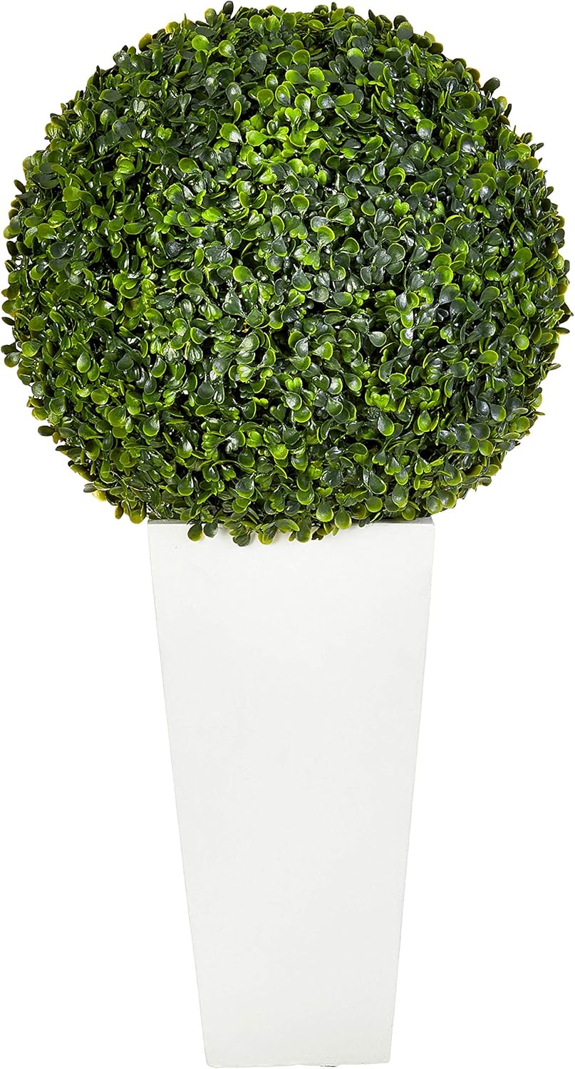 Nearly Natural 6404 Artificial Plant (Indoor/Outdoor) 28â€ Boxwood Topiary Ball in White Tower Planter, Green, 15"Dx15"Wx28"H -