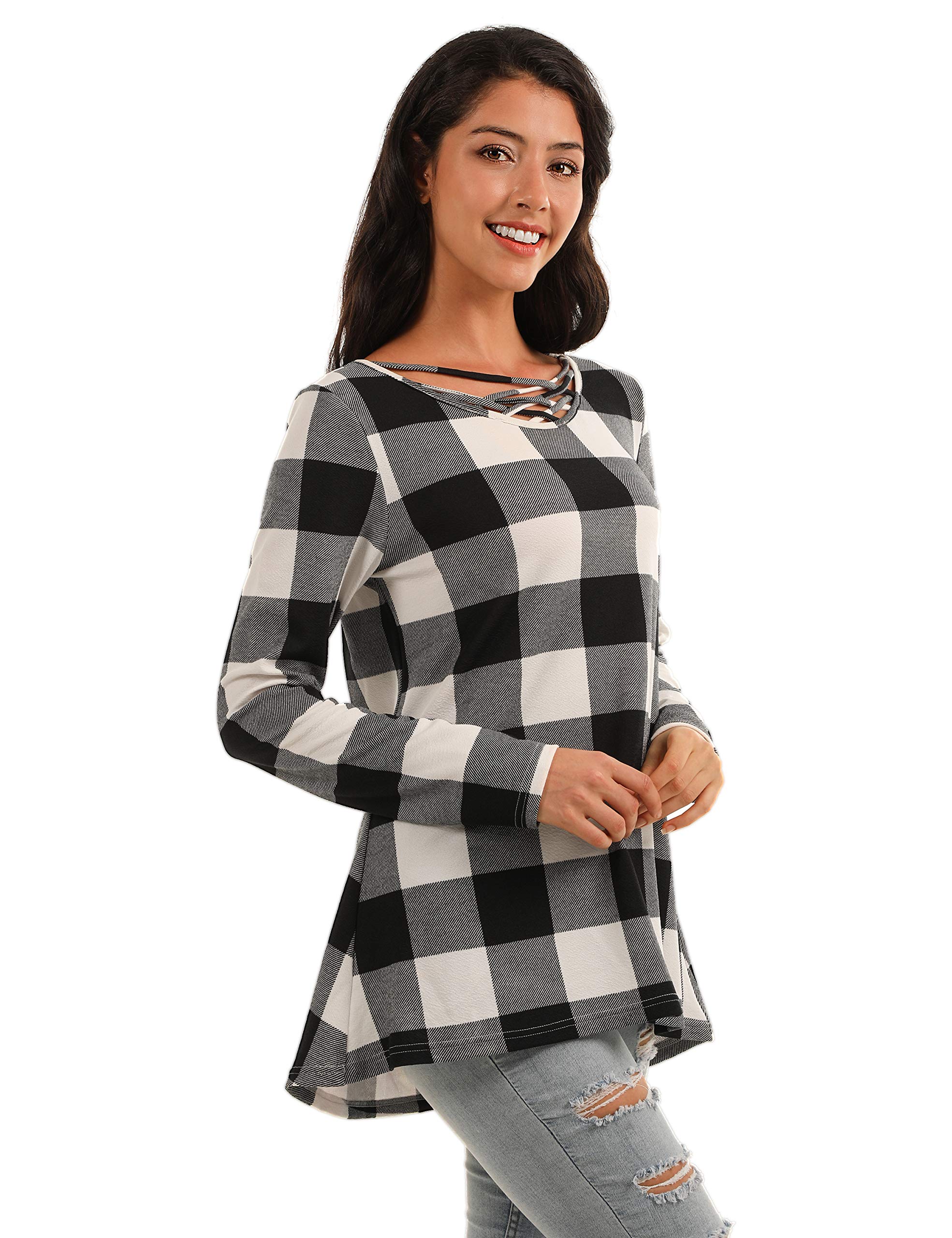 Blooming Jelly Womens Plaid T Shirt Long Sleeve V Neck Criss Cross Casual Tunic Top(S,Black)