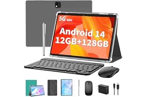 QDDQ Android Tablet with Keyboard, Android 14 Tablet, 12(6+6) GB+128GB, 1TB Expand, 2 in 1, Mouse, Stylus, 8000mAh Battery, 2.4G/5G WiFi, GPS, Green Case