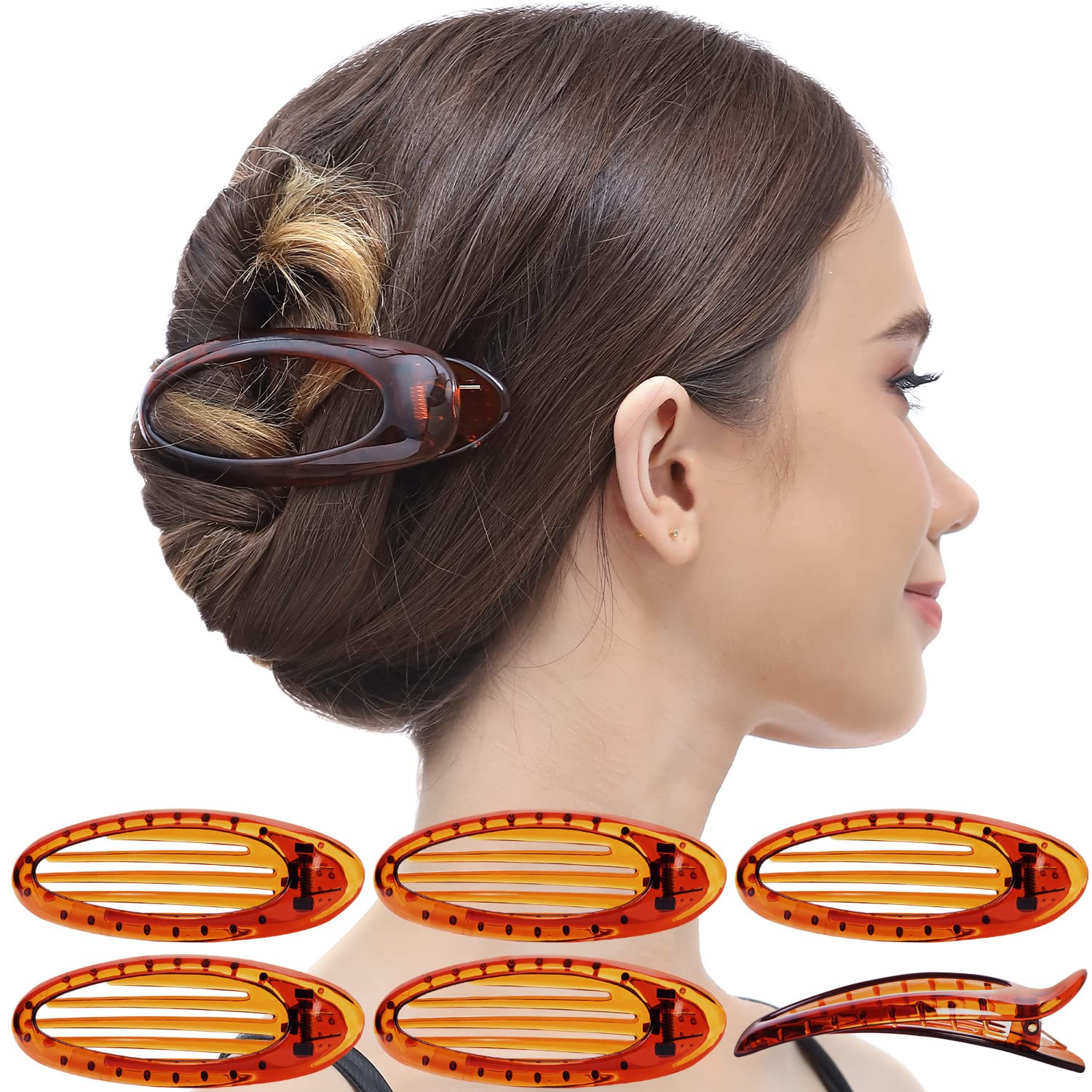RC ROCHE ORNAMENT 6 Pcs Hair Clip Classic Oval Side Opening Slide Plastic Curve Flat Comb Inner Teeth Clamp Barrette Girls Ladies Beauty Accessory Grip, Large Brown