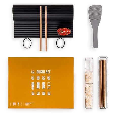Blumtal Sushi Set, 7 Teile - große Silikonmatte spülmaschinenfest, Sushi Maker, Stäbchen und Reislöffel