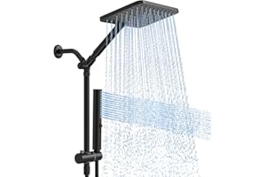 Hombeter Shower Heads with Handheld Spray Combo Matte Black, 10 Inch High Pressure Rain/Rainfall Shower Head, Height Adjustable Dual 2 in 1 Shower Head System with Stainless Steel Hose