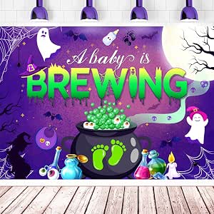 A Baby Is Brewing Banner – Black & Gold Glitter Halloween Baby Shower Decoration