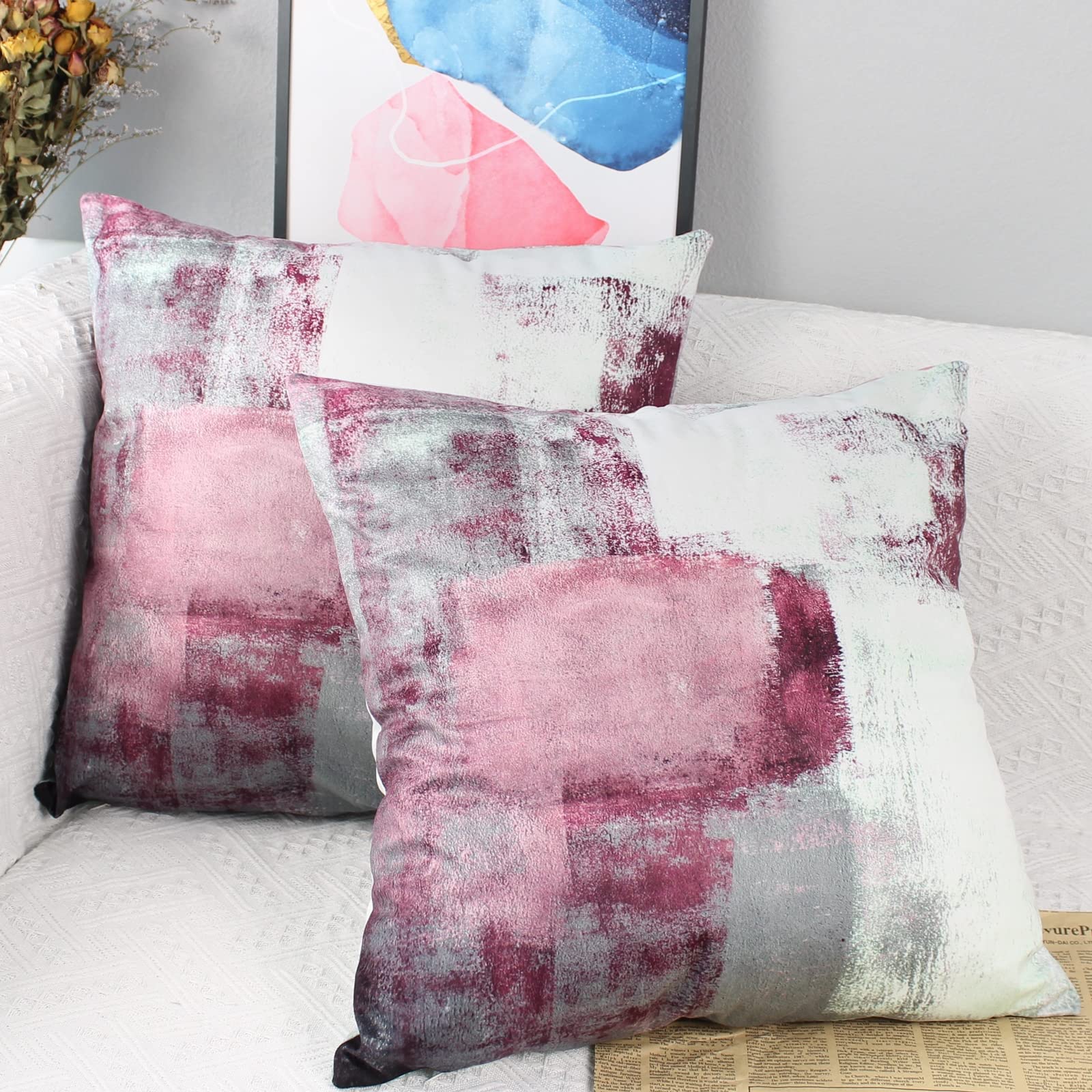 OYIMUA Set of 2 Decorative Velvet Cushion Covers 50 x 50 cm Abstract Art Decor Pillow Case Pink Cushion Cover 20x20 inches for Outdoor Patio Garden Blench Living Room Sofa Farmhouse Decor