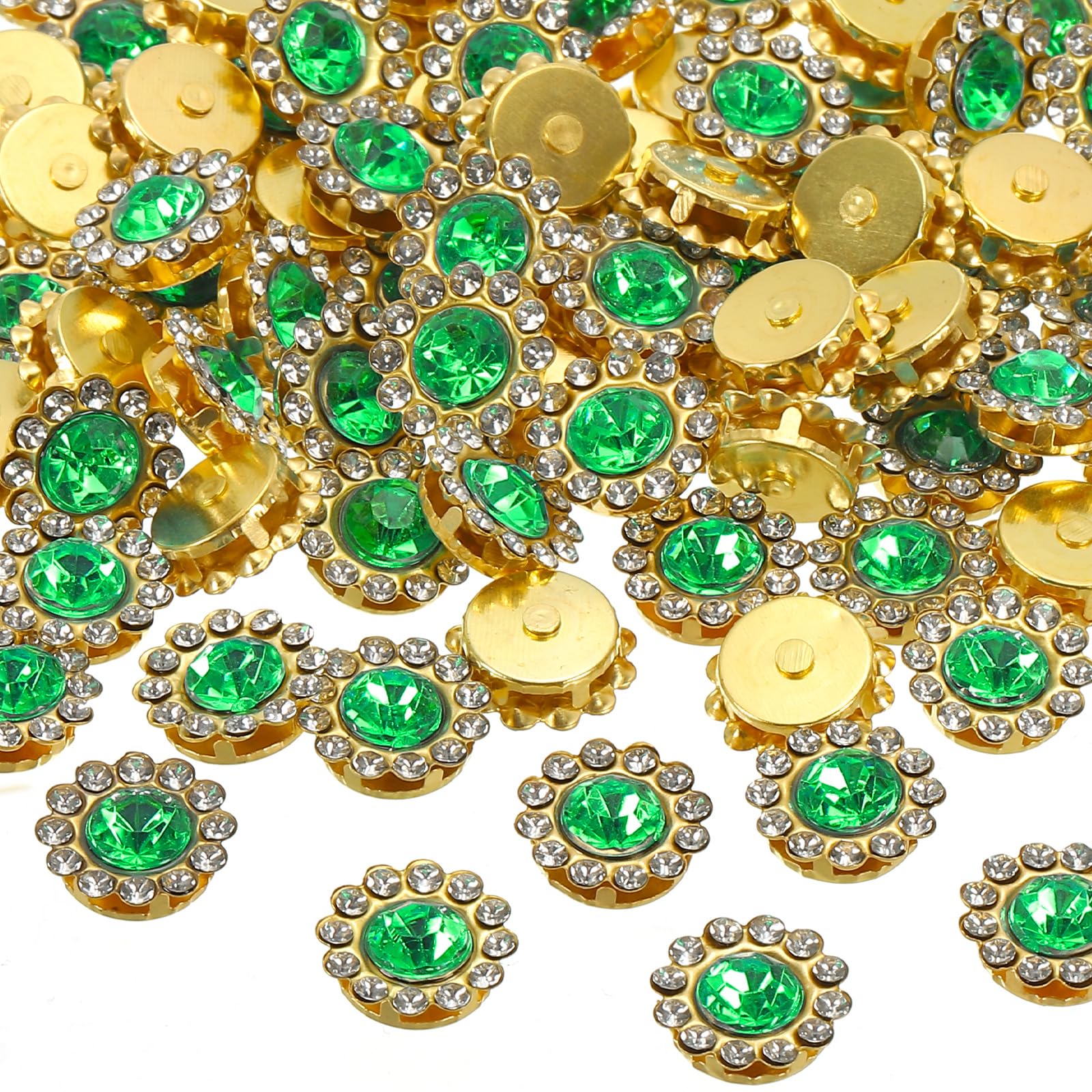 PATIKIL 12 mm Flower Claw Sew on Pearls Rhinestones,100 Pcs Crystals Glass Metal Base Flower Claw Gems Crystals for DIY Crafts Shoes Dress Clothes Earring Belt Sewing Accessories, Green