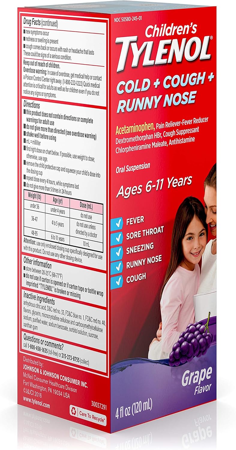 Children's Tylenol Cold + Cough + Runny Nose & Fever Medicine with Acetaminophen, Grape, 4 fl. oz: Health & Personal Care