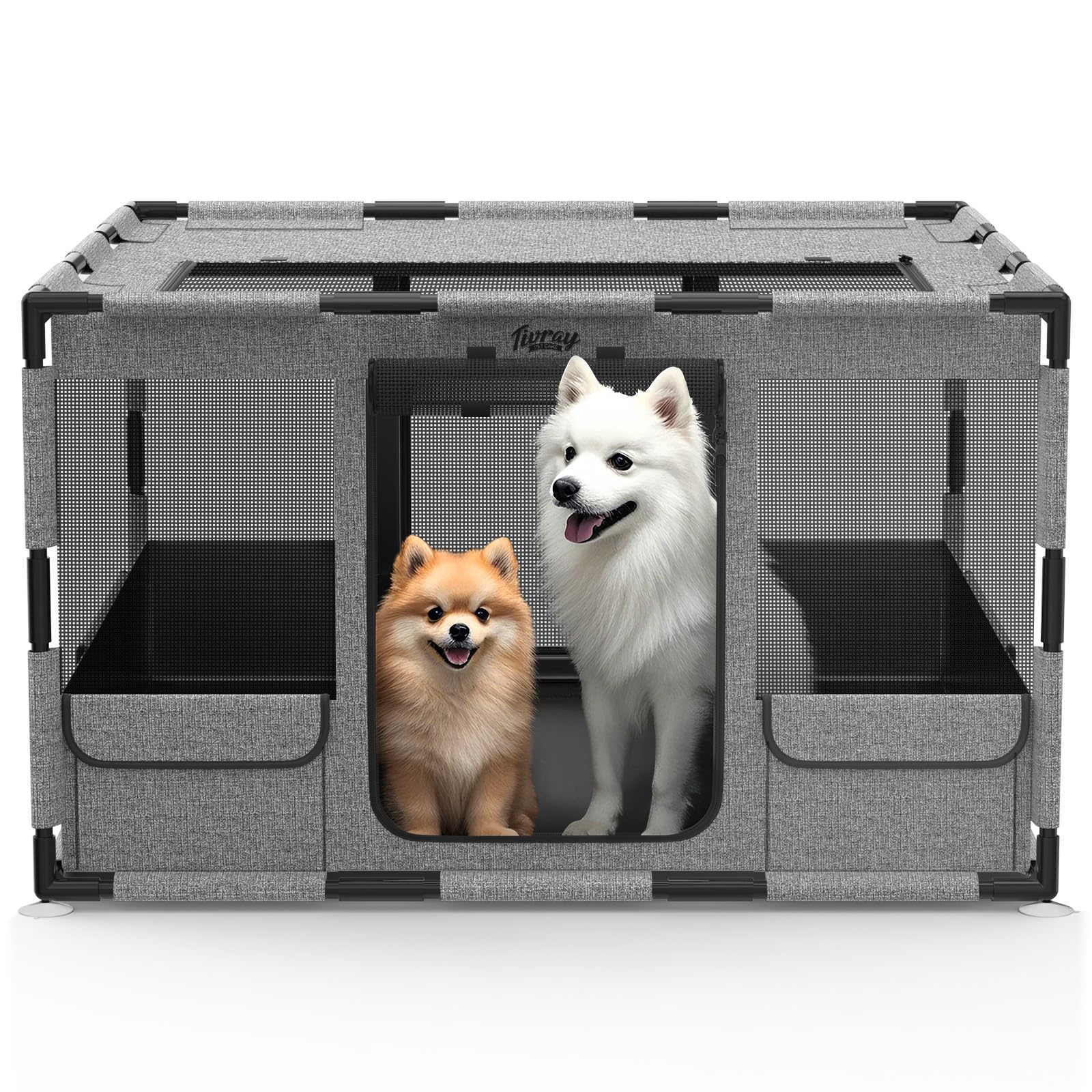 Photo 1 of (USED/FAIR) Dog Playpen, 43x43x26 Inches Puppy Playpen Portable Pet Play Pen Indoors with Cover and Gate, Tear Resistant Thickened Fabric Waterproof Bottom Breathable Mesh Dog Fence for Indoor&Outdoor, Gray Black
