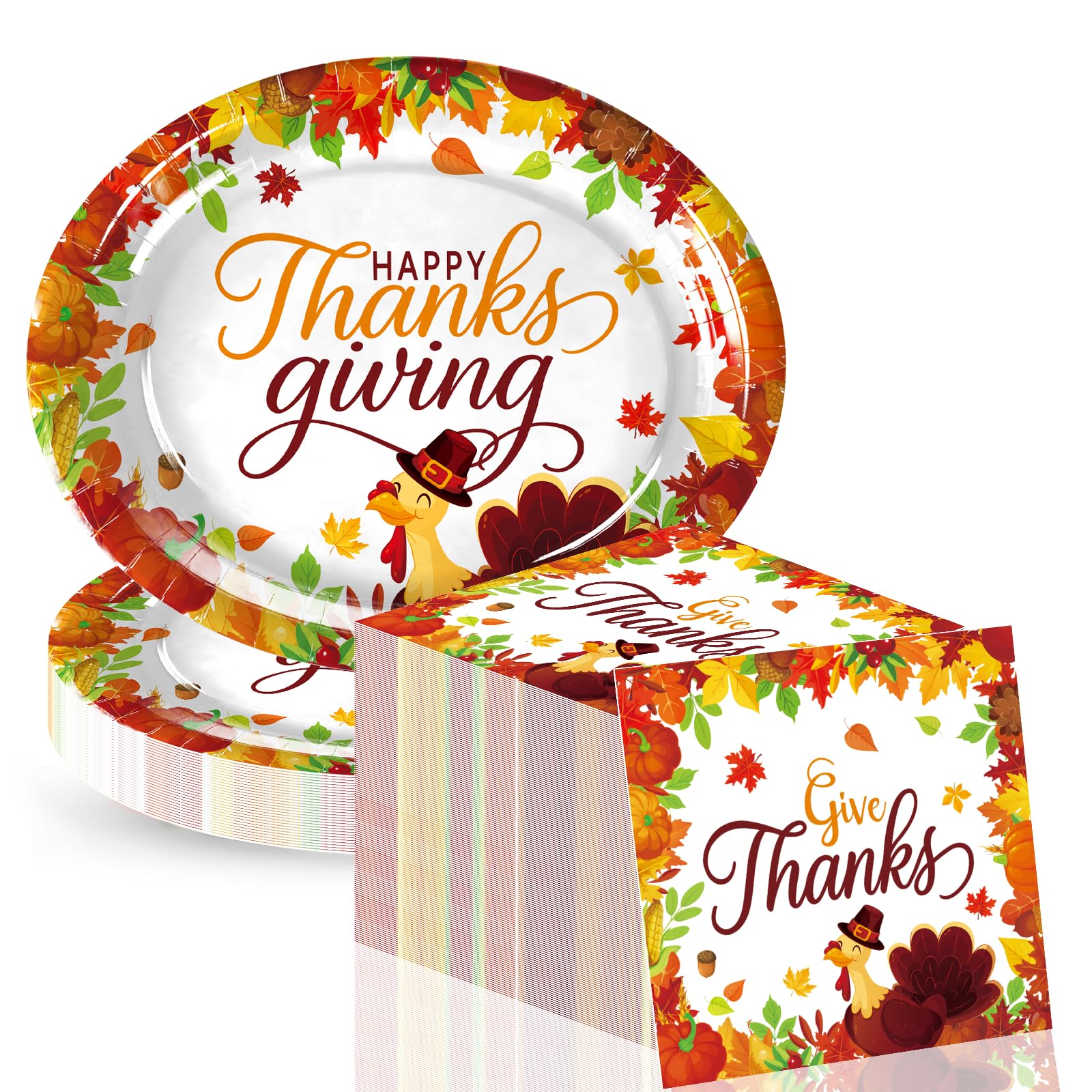 Photo 1 of 100 Pcs Thanksgiving Oval Paper Plates and Napkins Sets,Disposable Give Thanks Party Supplies for Thanksgiving Autumn Harvest Table Decor(Serve 50)
