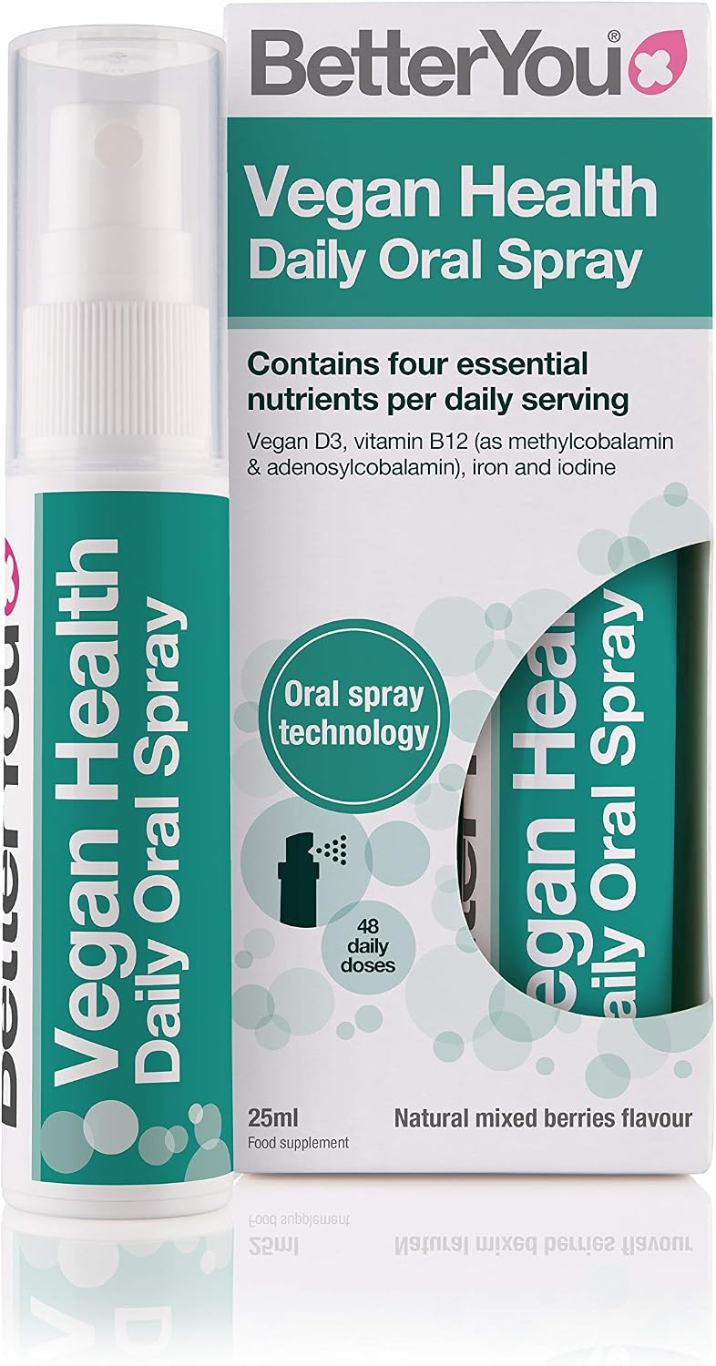 BetterYou Vegan Health Daily Oral Spray, Pill-Free Vitamin Supplement for Vegans Contains Vitamin D, Vitamin B12