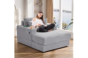 ONEMMLION Oversized Chaise Longue Chair Indoor with Ottoman, 42" W Corduroy Upholstered Modern Deep Seat Sofa Couch with USB Charging Ports⋓ Holder, Comfy Reclining Chair for Living Room, Grey