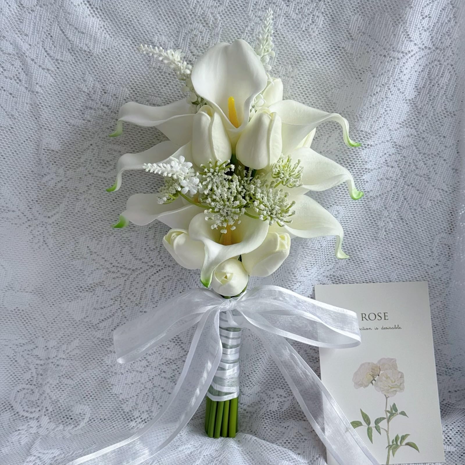 Photo 1 of Floral Bouquet 10 Artificial Calla Lilies with 8 Artificial tulip flowers, Bridesmaid Bouquet with Wedding Ceremony Festivals Anniversary Bridal Rehearsal Party Bar Table Decor (white)