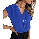 Soucrat Women V Neck Tops Cap Sleeve Textured Chiffon Blouses Summer Business Work Shirts