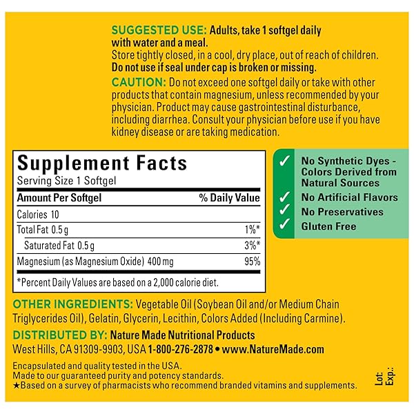 NATURE MADE EXTRA STRENGTH MAGNESIUM OXIDE 400 MG, MAGNESIUM SUPPLEMENT FOR MUSCLE, NERVE, BONE AND HEART SUPPORT, 110 SOFTGELS, 110 DAY SUPPLY