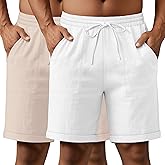 Neer 2 Pack Men's Cotton Linen Blend Bermuda Flat Front Shorts, 7" Casual Elastic Waist Drawstring Summer Shorts with Pockets