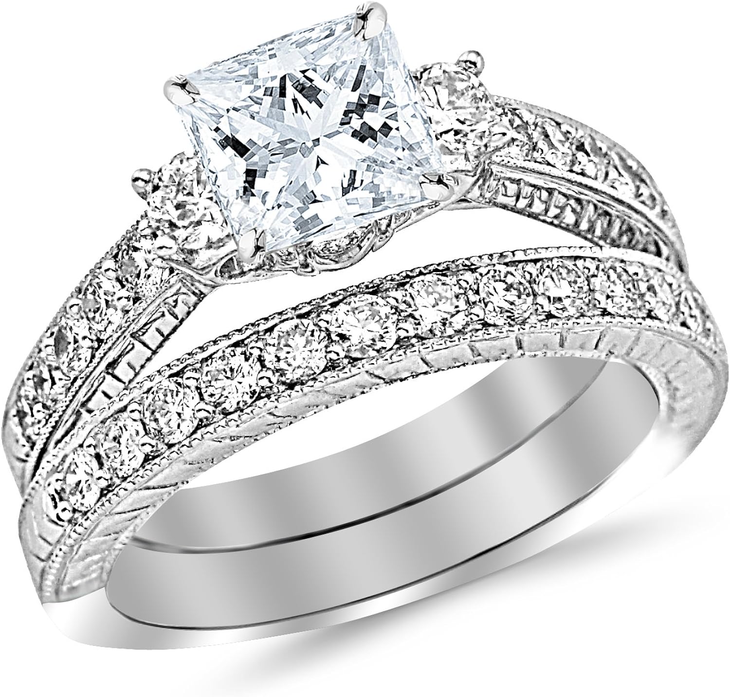 1.53 Carat Classic Channel Set Wedding Set Bridal Band & Diamond Engagement Ring with a 0.5 Carat GIA Certified Princess Cut E Color VS1 Clarity Center Stone