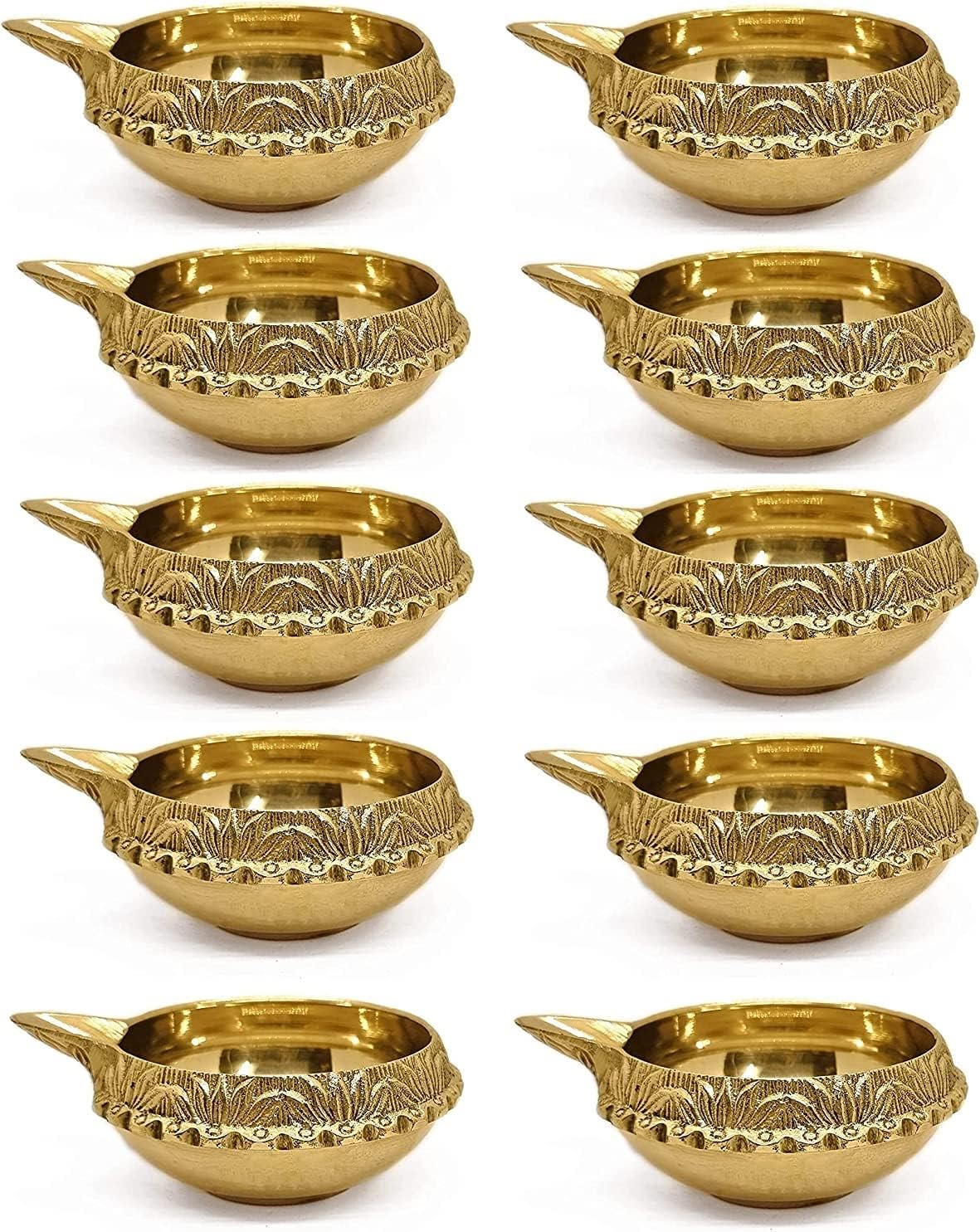 Oil Lamps & Accessories - SATVIK 10 pc Indian Pooja Kuber Diya for Diwali Decoration. Handmade Oil Lamp with Golden Engraved Made of Brass Metal. Vilakku for Puja Pooja. Traditional Indian Deepawali Housewarming Gift Items