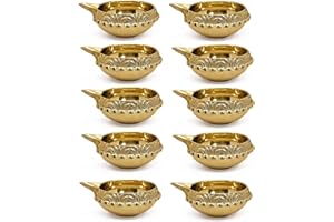 CRAFTSMAN Satvik 10 pc Handmade Golden Engraved Kuber Diya Made of Virgin Brass. Diwali Diya Vilakku for Puja Pooja. Traditional Indian Oil Lamp. Deepawali Decoration Gift Items