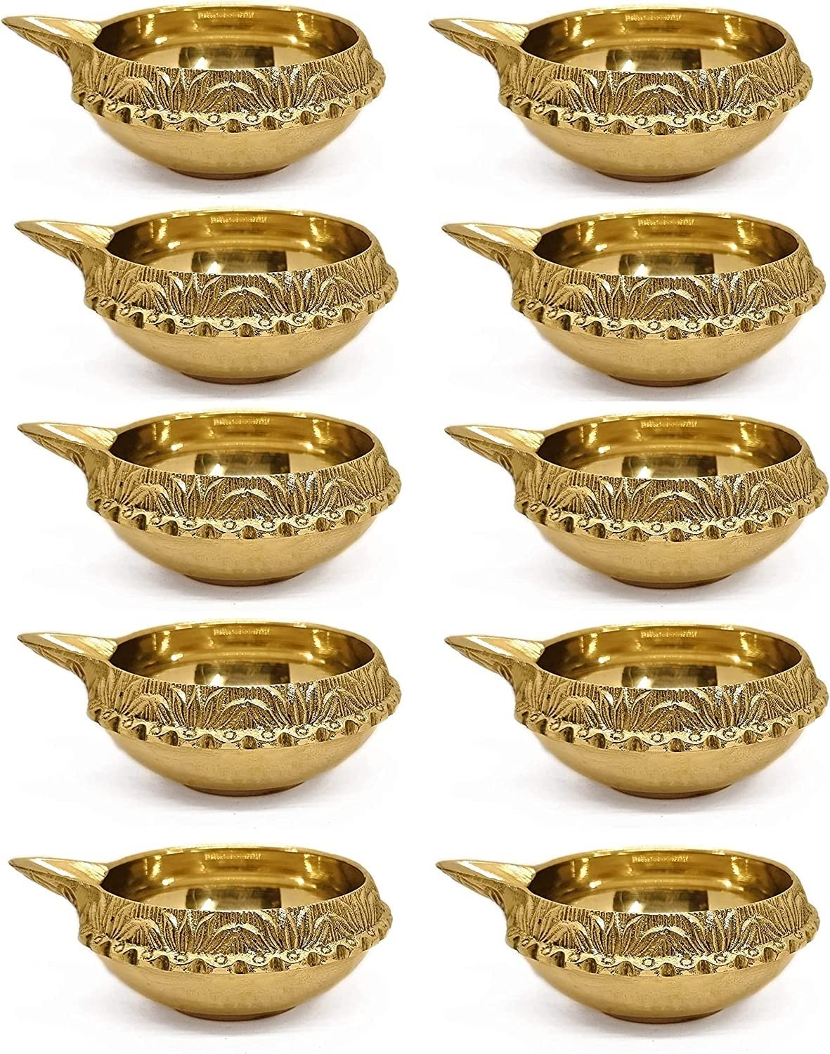 100% Pure Made of Virgin Brass Diwali Diya (Set of 10) Indian Pooja Oil Lamp - Golden Engraved Design Dia - 2.5 Inch. Deepawali Diya/Tea Light Holder/Diwali Traditional Oil Lamp. Indian Gift Items.