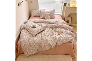 MOTNTD Green Pink Rose Floral Duvet Cover Queen Garden Flower Bedding Set Queen Soft Cotton Boho Aesthetic Chic Duvet Cover Set Country Style Cute Bunny Pattern Comforter Cover with Zipper Closure