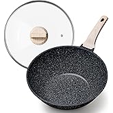 CAROTE Non Stick Wok with Lid 12''/5.3QT Woks & Stir-fry Pans Nonstick Granite Wok Pan Induction Cookware Deep Frying Pan, Compatible with All Stovetops
