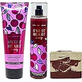 Bath & Body Works Sweetheart Cherry Fine Fragrance Mist and Body Cream Set with A Cherry On Top Bar Soap - Full Size