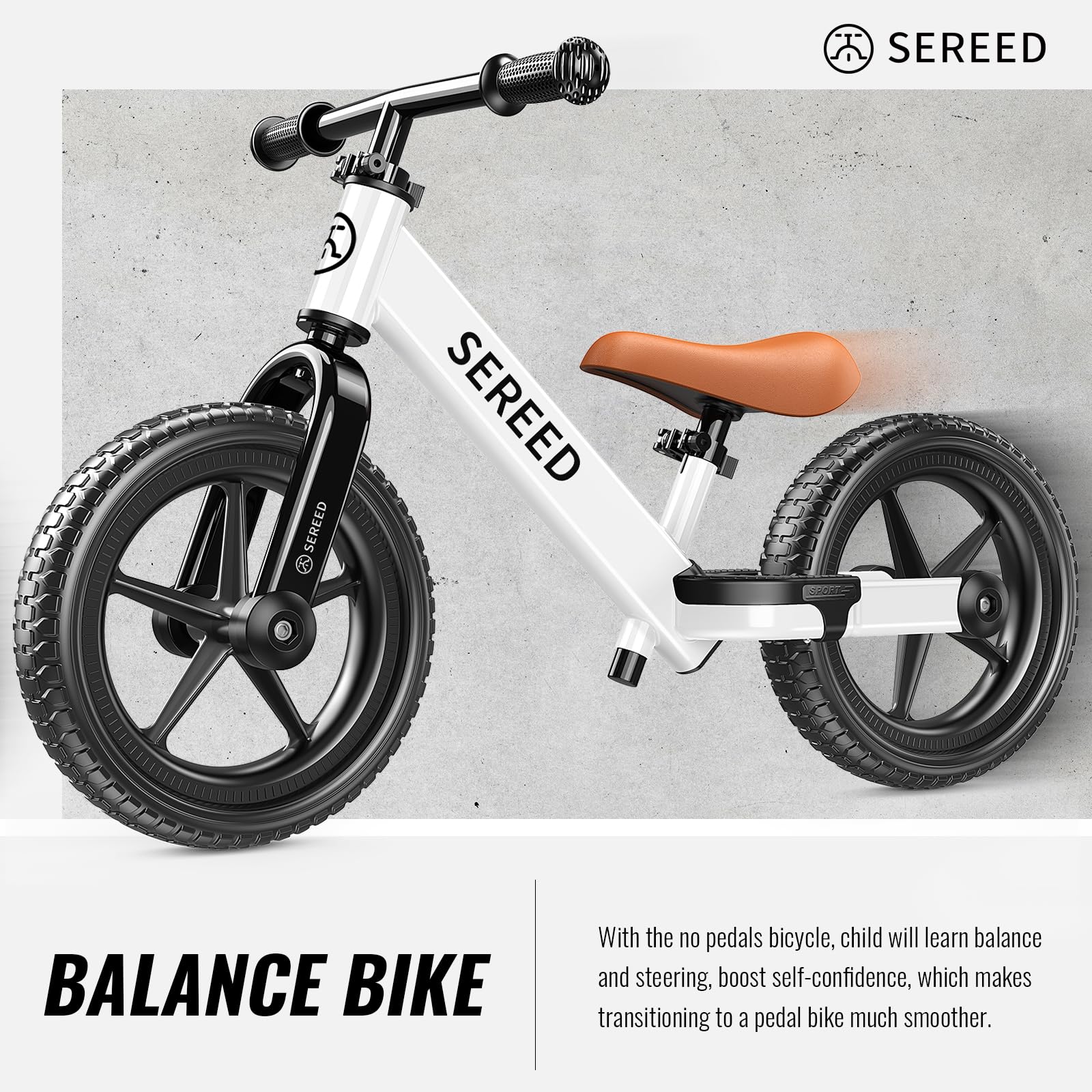 SEREED Toddler Balance Bike 2 Year Old, No Pedal Kids Bicycle Toys for 2-5 Years Old, Tool-Free Adjustment, Customize Plate with Stickers, Gift for 2-3 Boys Girls (White)