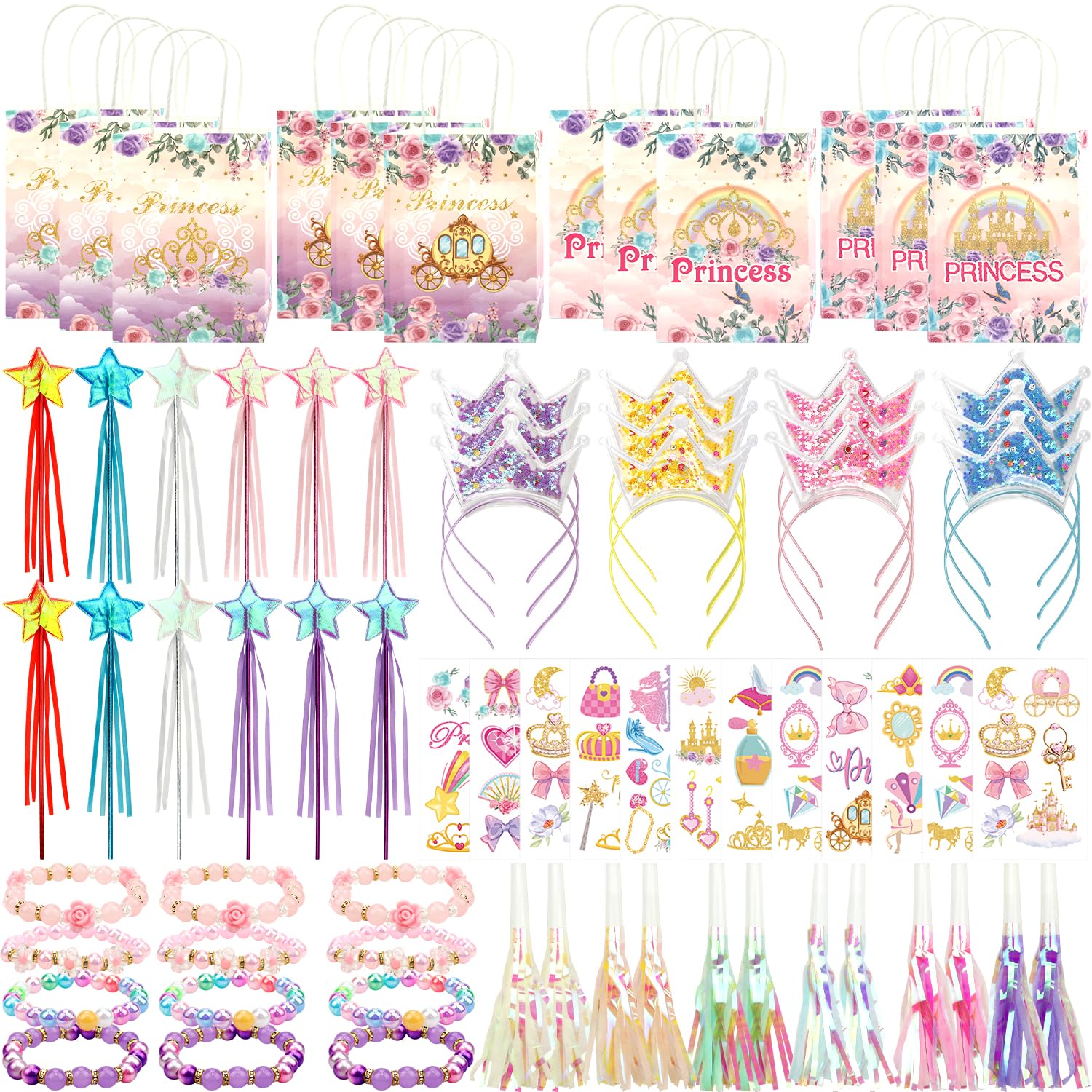 Princess Party Favors,Including 12 Glitter Star Fairy Wands,12 Princess Crowns ,12 Gift Bag,12 Stickers , 12 Party Blowers ,12 Bracelets, for Girls Birthday Party Gifts Classroom Rewards Gifts