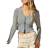 OYOANGLE Women's Striped Crochet Sweater Cardigan V Neck Long Sleeve Button Up Lightweight Knit Crop Tops