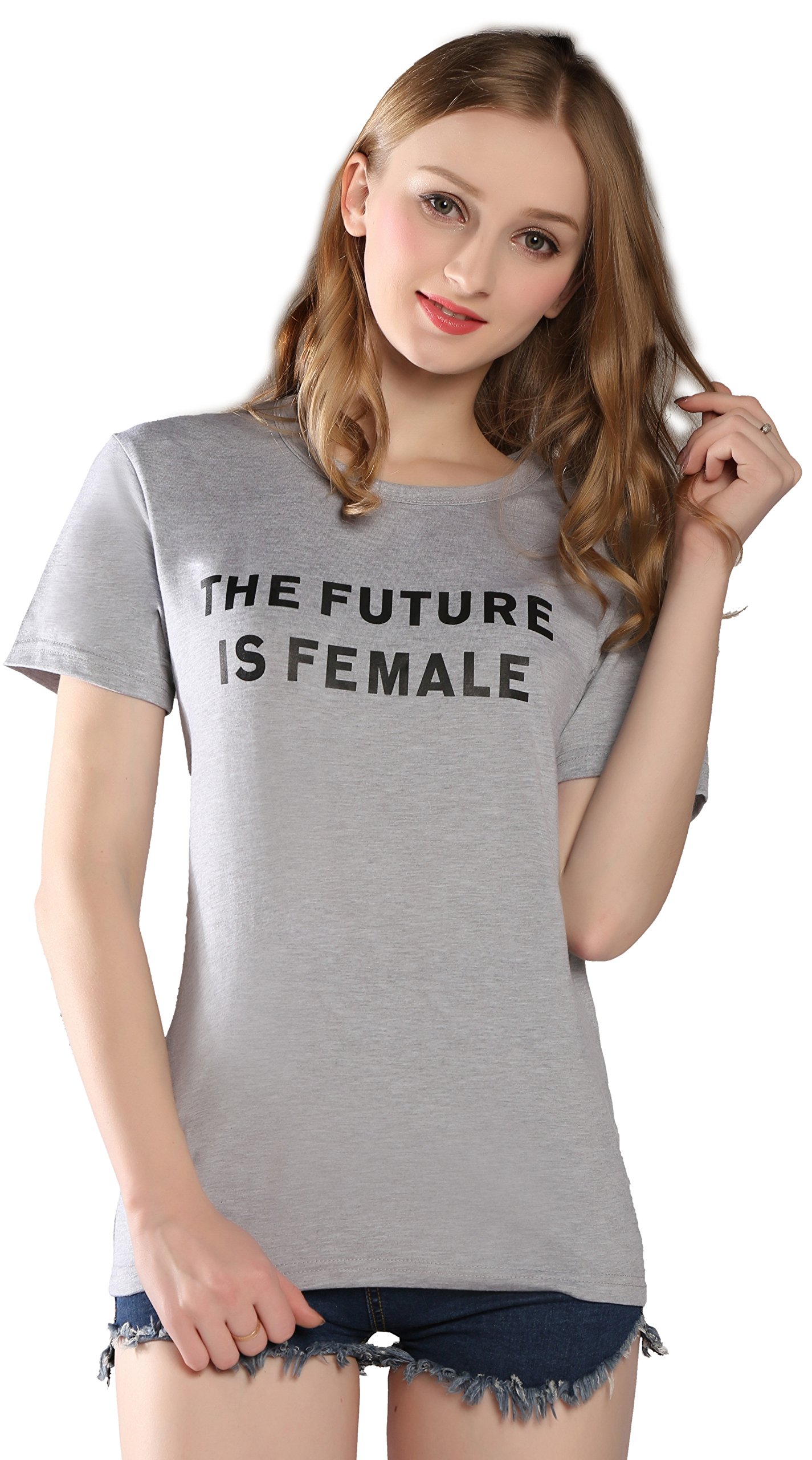 PINJIA Womens Cute Letter Printed Graphic Funny Tshirts Top Tees(MX15)(L,Grey The Future Is Female)