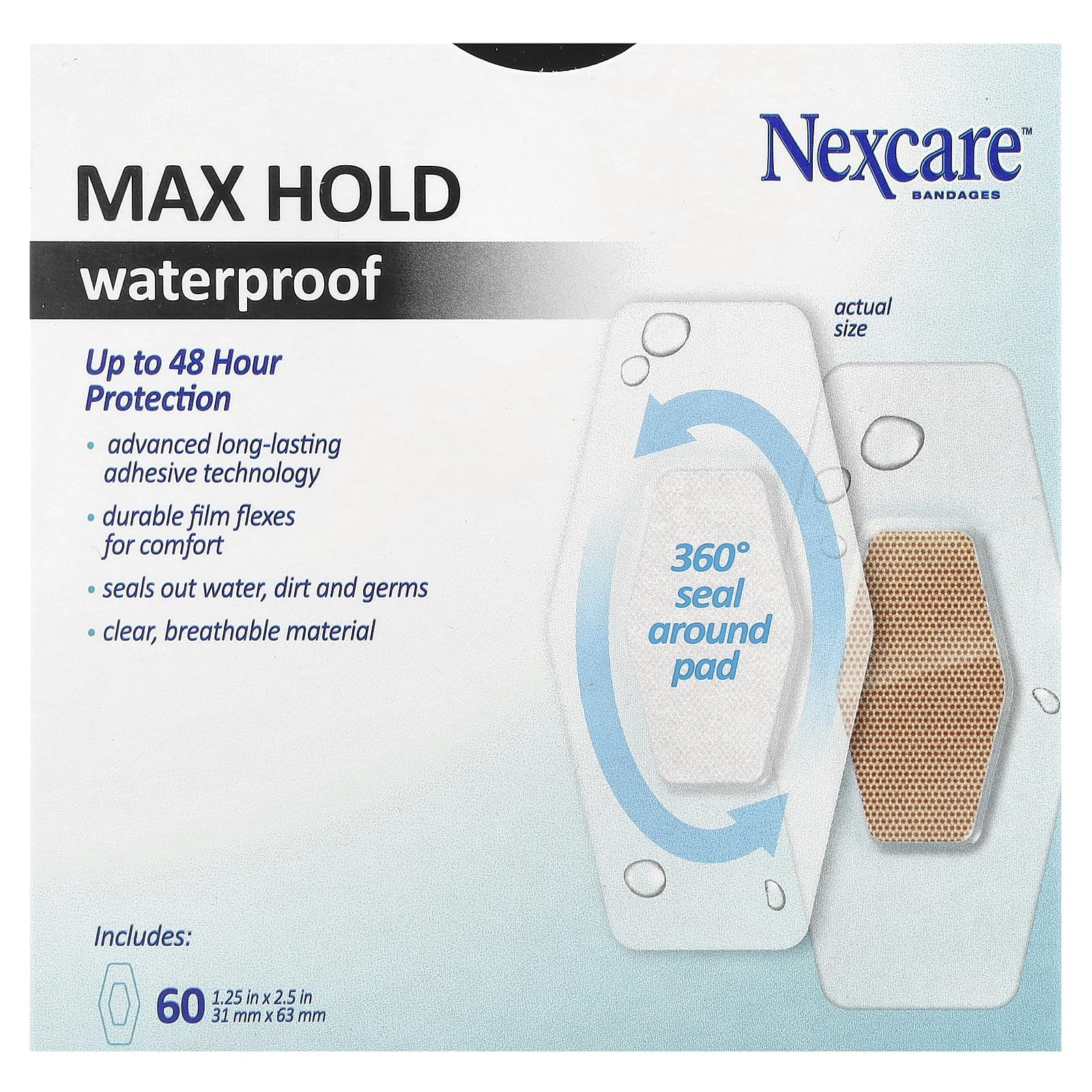 Nexcare Max Hold Waterproof Bandages, Stays On for 48 Hours, Flexible Bandages for Fingers, Knees and Heels - 60 Pack Clear Waterproof Bandages
