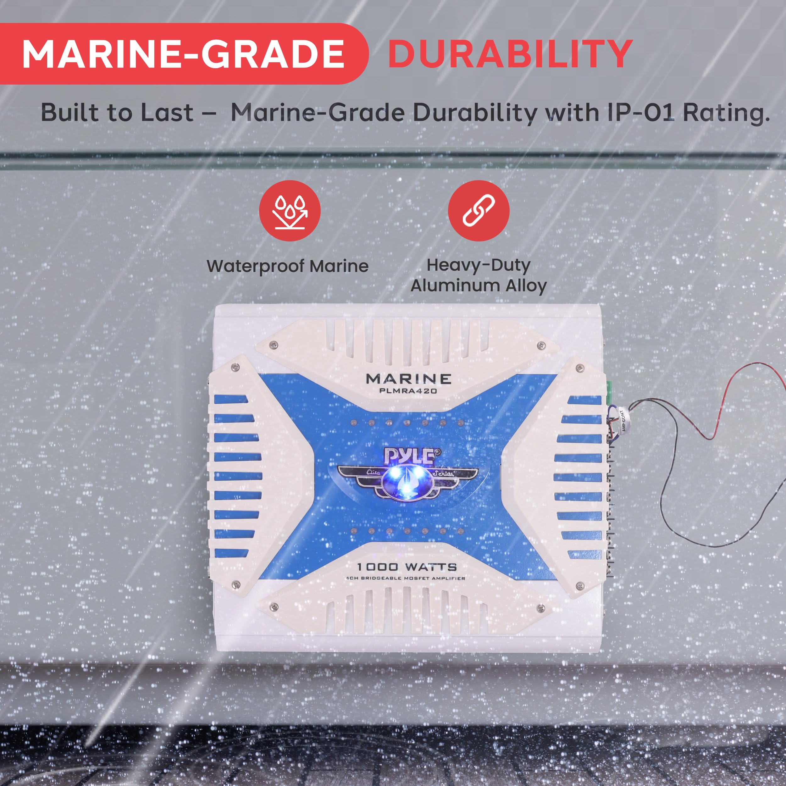 Pyle Hydra Marine Amplifier - Upgraded Elite Series 1000 Watt 4 Channel Bridgeable Amp Tri-Mode Configurable, Waterproof, MOSFET Power Supply, GAIN Level Controls and RCA Stereo Input - PLMRA420