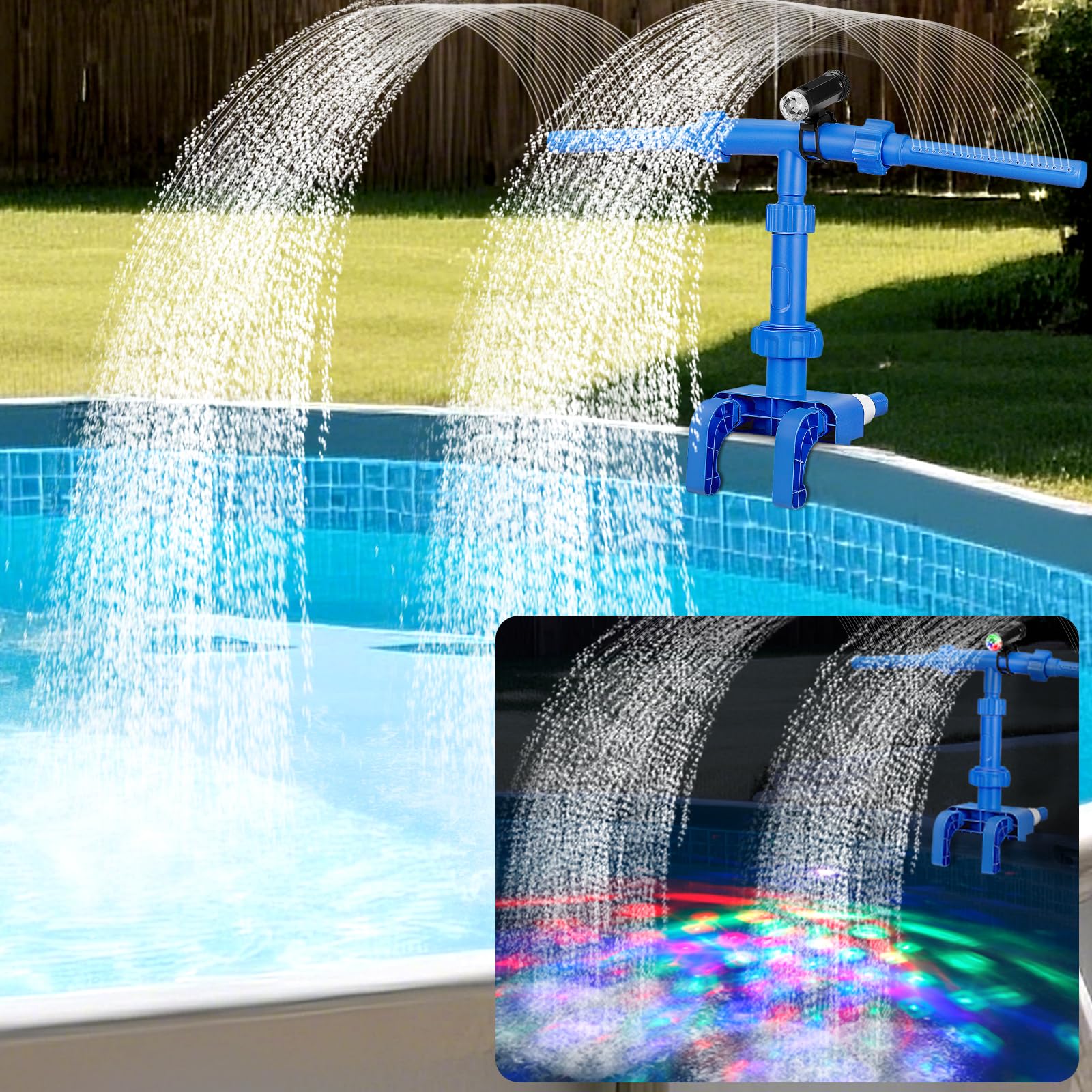 Photo 1 of Pool Fountains for Above Ground Pools, Waterfall Sprinkler Fountain with Lights, 360°Adjustable Dual-Spray Cooler Aerator, Swimming Pool Accessories Fit 1.18in to 4.72in Top Frame