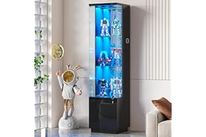 Lvifur Lockable Curio Display Cabinet with Glass Door,65" Lighted Curio Cabinet with 3 Color Lights for Collectibles,3-Tier Glass Display Case with Human Body Sensor for Living Room,Black