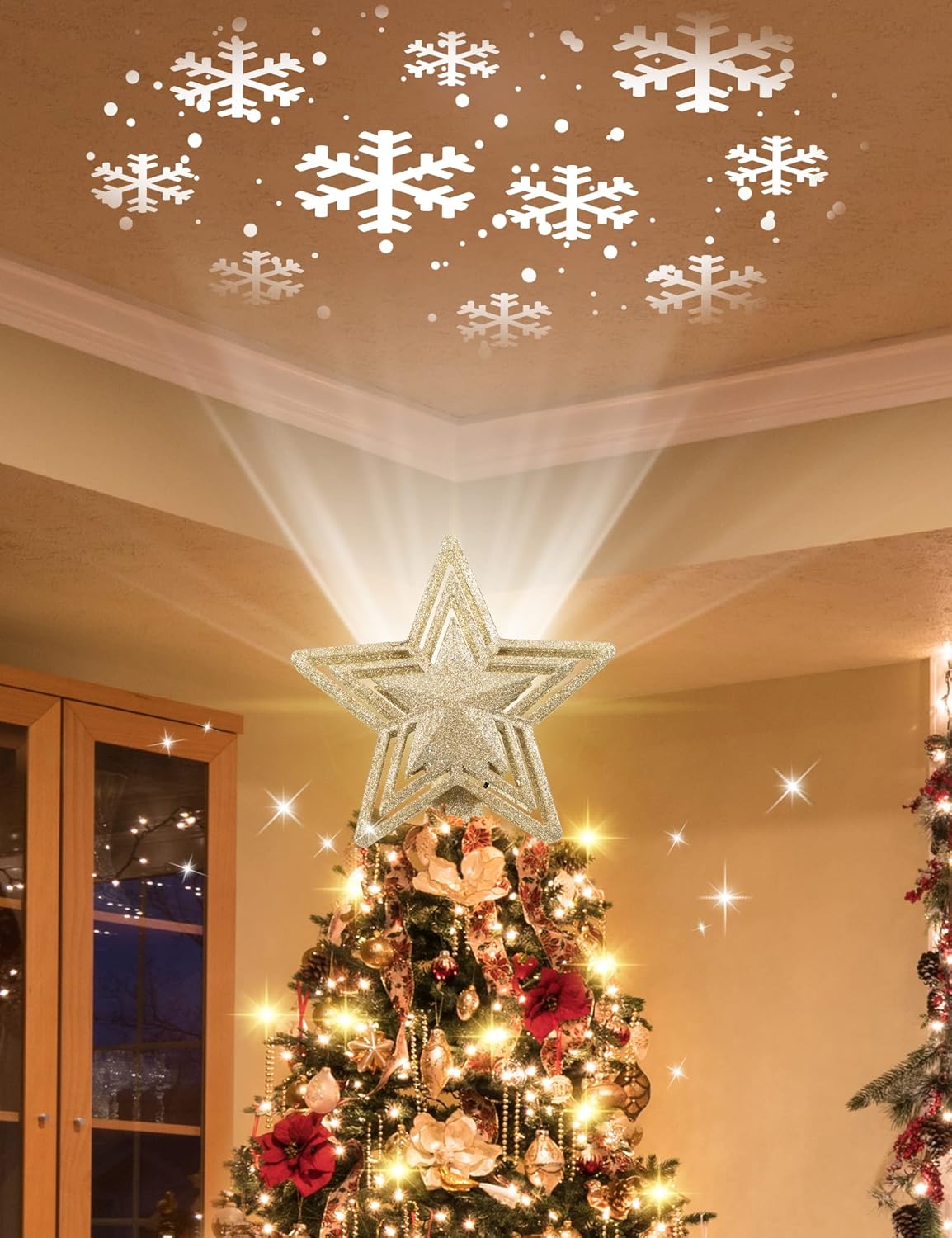 Tree Toppers - Symdral Christmas Tree Topper, Star Topper Built-in LED Snowflake Projector, 180° Rotatable Pattern Projection, Tree Decoration for Christmas, Party, Interior Decoration, New Year, Indoor Office…