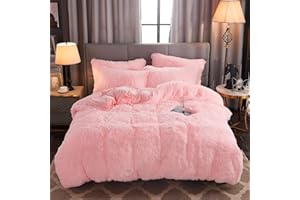 WERDIM Shaggy Fluffy Faux Fur Duvet Cover Set Button Closure Velvety Bedding Set Comforter Cover with Pillowcase Pink, Twin Size