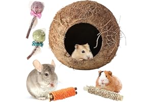 HWONMTE Hamster Coconut House and Hideout Bed Hamsters Chew Toys Gerbils Mice Rat Chinchillas Exercise Accessories for Small Animal Chewing and Teeth Care (4 Pack)