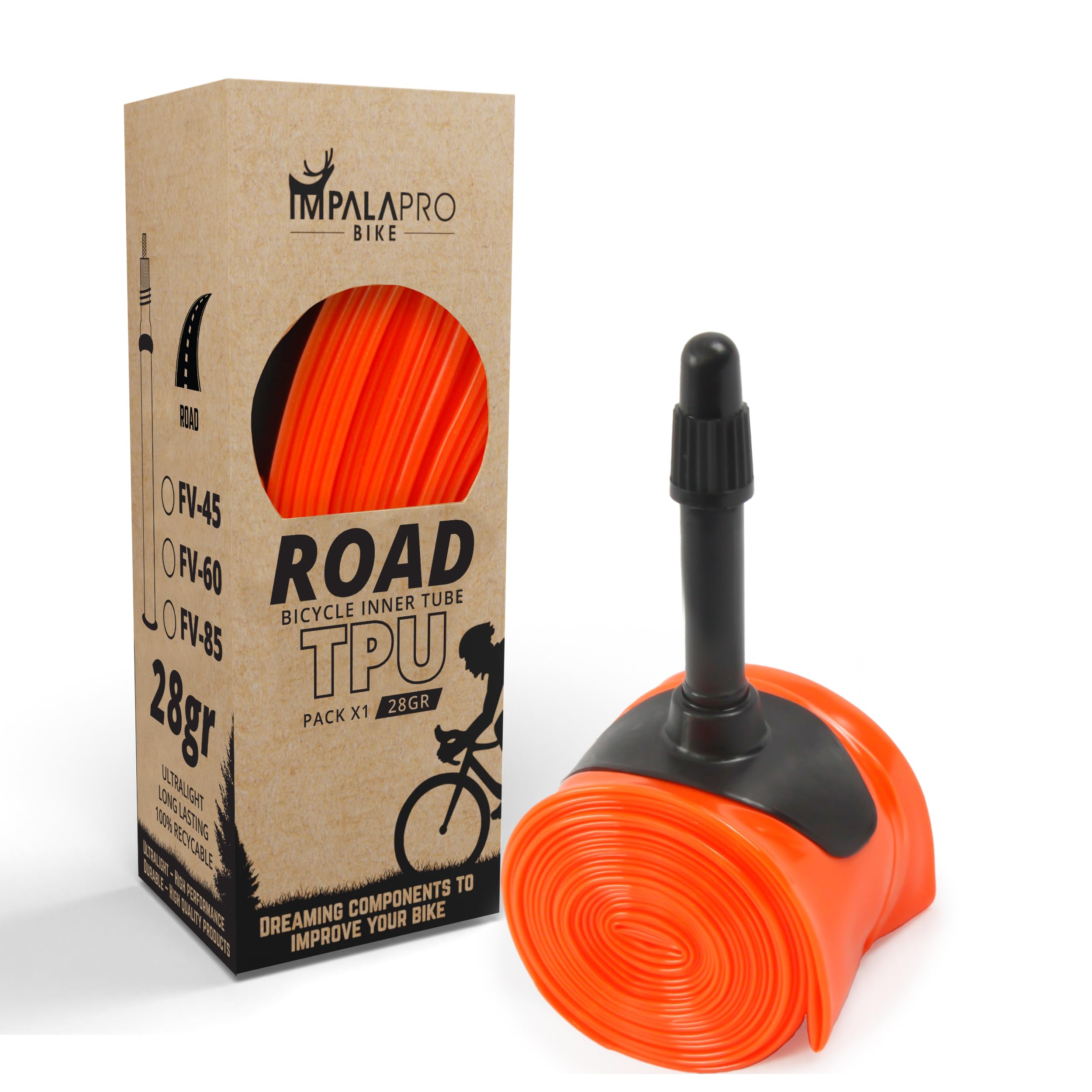 IMPALAPRO Ultralight TPU Inner Tube 700C 28g Compatible with 700x18/23/25/28/30/32C Presta Valve 45/65/85mm -TPU Road Bicycle Tire 28'' - 700C Bike Inner Tube (1Pc - Val 45mm)