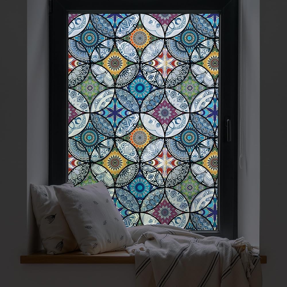 dktie Window Film Non Adhesive Privacy Blue 90x200cm Stained Glass