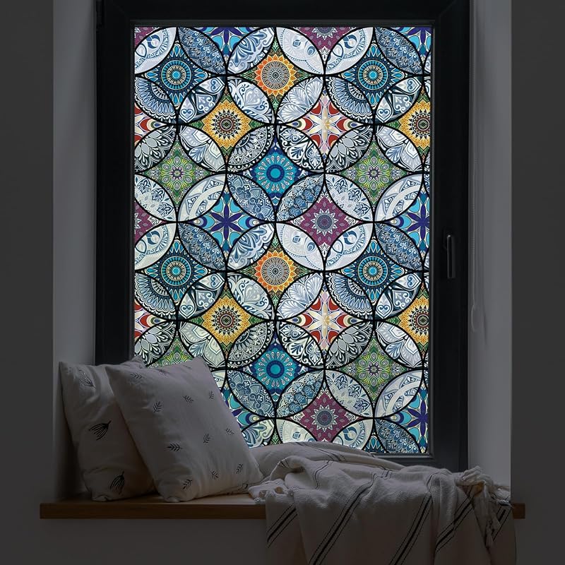 dktie Window Film Non Adhesive Privacy Blue 90x200cm Stained Glass
