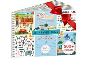 CUPKIN Sticker Book for Kids 2-4, 500+ Kids Stickers, All Around Town 12 Coloring Pages, 12 Side by Side Scenes, Fun Toddler Travel Activity Coloring and Sticker Books for Ages 4-8 + 8-10