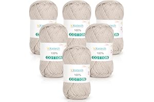 Katech Pure Cotton Yarn for Crocheting & Knitting – Soft Sport Weight CYC #2, 6 Skeins (50g Each, 300g Total), Ideal Crochet Yarn for Dishcloths, Baby Clothes, Socks, Lightweight Scarves（Beige）