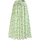 Maxi Skirt for Women Floral Boho A-line Long Summer Skirts with Elastic High Waist Adjustable Drawstring, Pockets