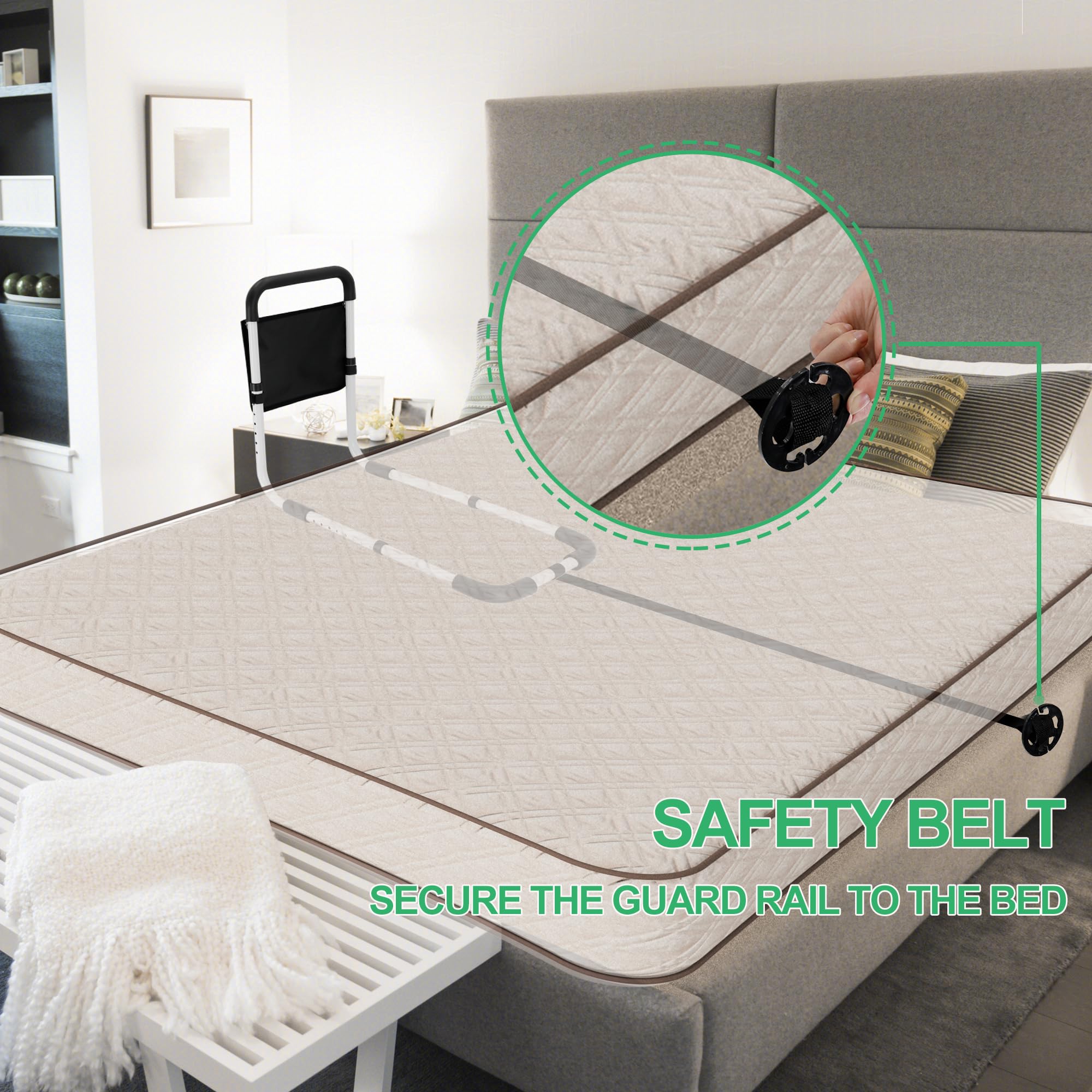 RELIANCER Bed Safety Rail for Elderly Adult,Adjustable Bedside Assist Grab Bar w/Storage Pocket,Bed Side Support Railing for Seniors,Fall Prevent Bedside Handle Bar,Bedside Assist Guard Rails Bed Cane