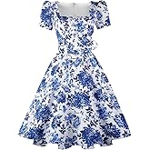 OBBUE Women's Square Neck Dress Vintage 1950s Cocktail Party Dress with Puff Sleeves