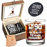 Harmora 90th Birthday Gifts for Men Whiskey Glass Set – Funny Gifts for Dad, Grandpa Born in 1936 – 90 Year Old Birthday Decorations, Gift Ideas for Him – Wooden Box, Coasters, Cards