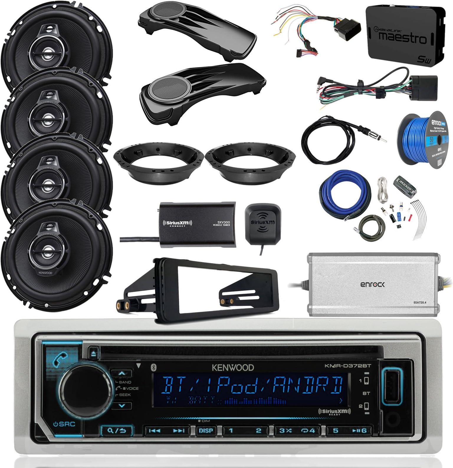 Kenwood KMRD372BT Marine CD Bluetooth Radio, 4X 6.5 Black Speakers, Bag Covers, Adapters, Amplifier, Amp Kit, iDataLink Wiring Kit, Enrock Dash Kit, Antenna, Tinned Wire (Select '98-'13 Harleys)