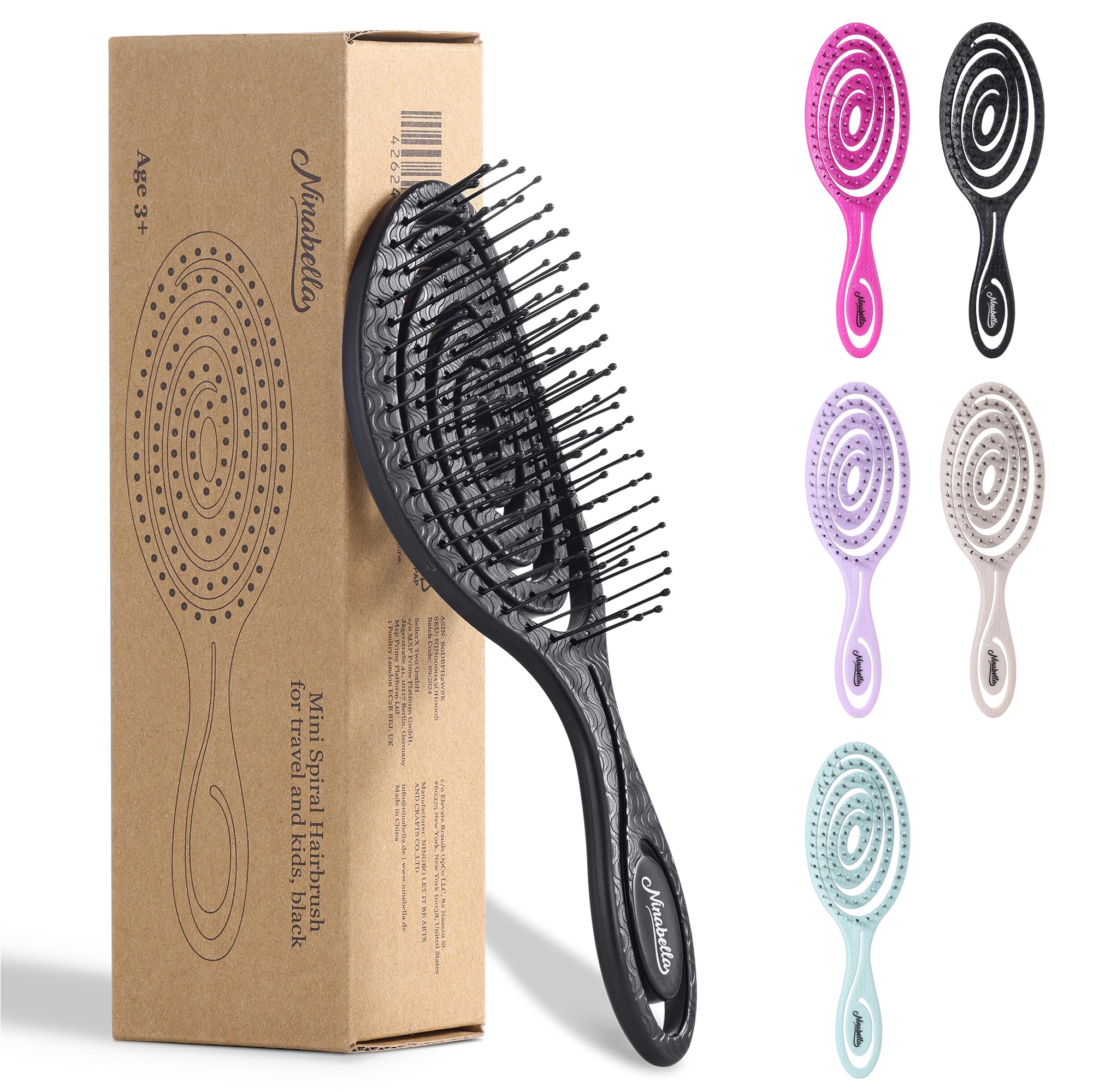 Ninabella Mini Detangling Hair Brush for Women & Men - Does not Pull, Removes Tangles, Brushes for Straight, Curly & Wet Hair - Unique Spiral Detangle Brush -Perfect for on the go, Black