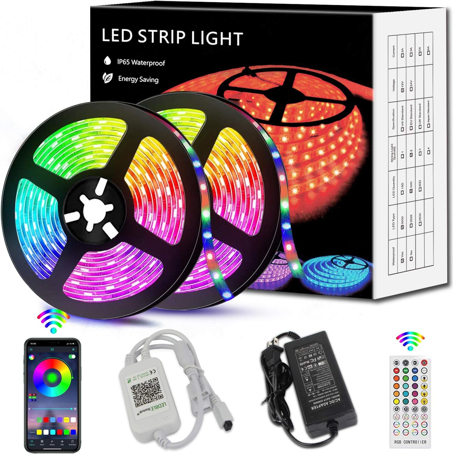 Led Strip Lights 32.8ft, ATDOALL Waterproof RGB Light Strip Music Sync Color Changing SMD 5050 300LED Bluetooth APP Control Tape Lights with 40 Keys Remote for Home Bedroom TV Party