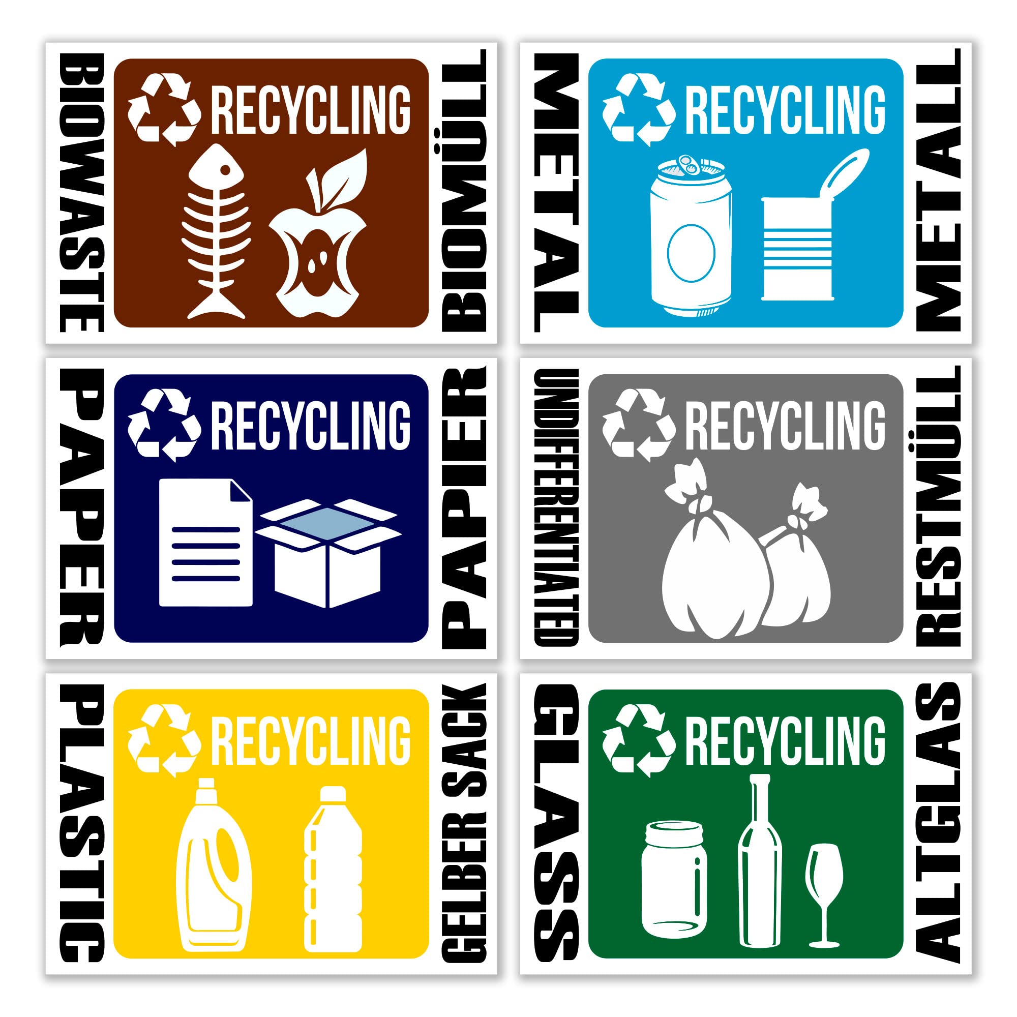 GamesMonkey® - Collecting Stickers Small Waste Recycling Garbage -DE - v1 - Waterproof Washable Fun Kids - Italian English - Conform UNI 11686 (8.5 x 5.5 cm, 6 Pieces)